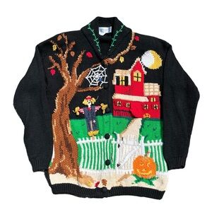 Vintage 90s Halloween Haunted House Fall Autumn Knit Cardigan Sweater Size Large